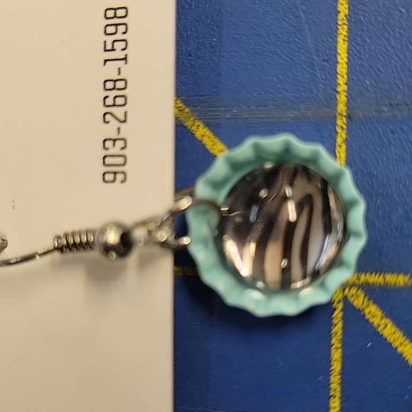 Mini Bottle Cap Teal Blue Zebra Print Earrings - Picture 2 of 2